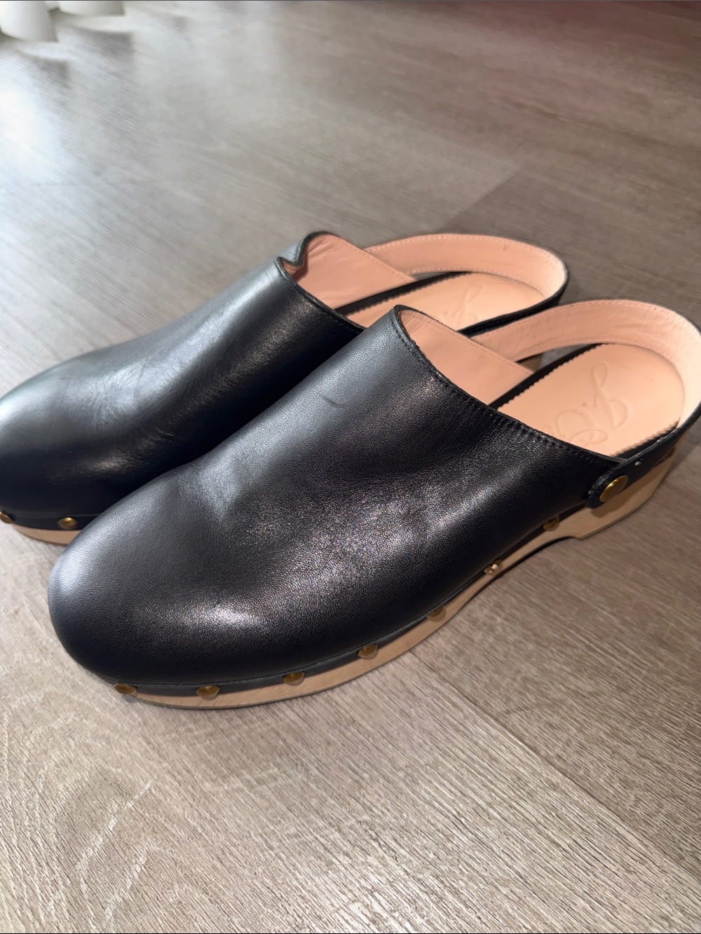 J. Crew Black Leather Slingback Wooden Clogs - Size 10